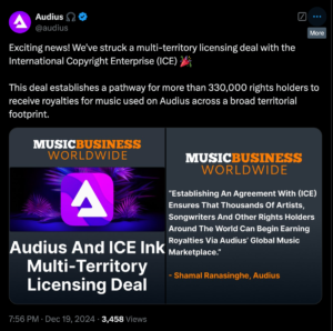 Audius partnershipICE licensing music rights royalty distribution decentralized music global royalties