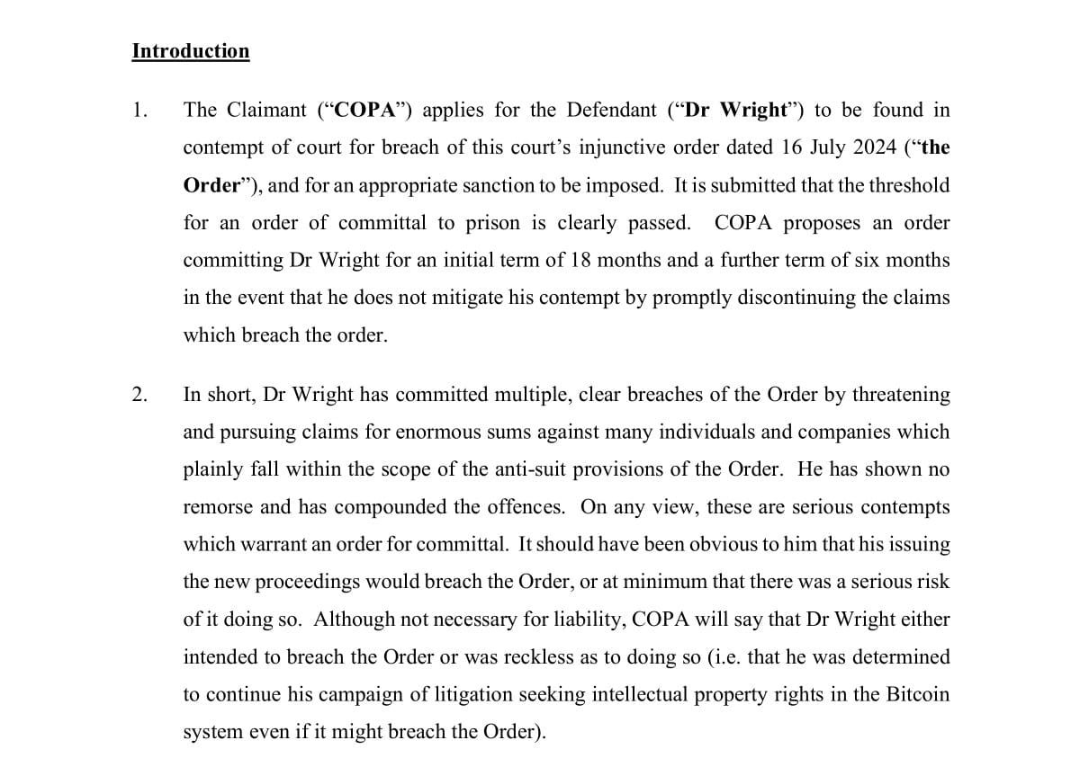 Craig Wright, COPA, contempt of court, Bitcoin lawsuit, injunction breach, court order