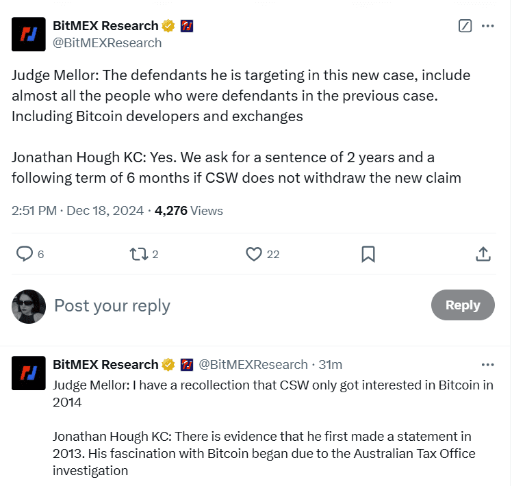 Craig Wright, Judge Mellor, Bitcoin developers, COPA, contempt hearing, 2-year sentence