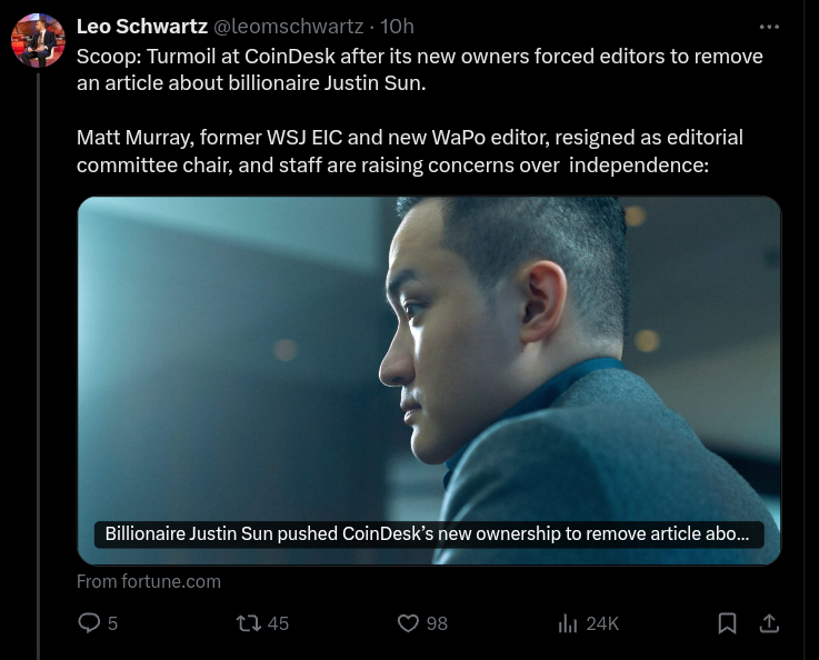 Coindesk owner forced editorial team to remove article about justin sun. 