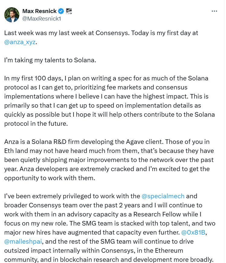 Max Resnick
Solana protocol
Anza
Agave client
Ethereum
blockchain research