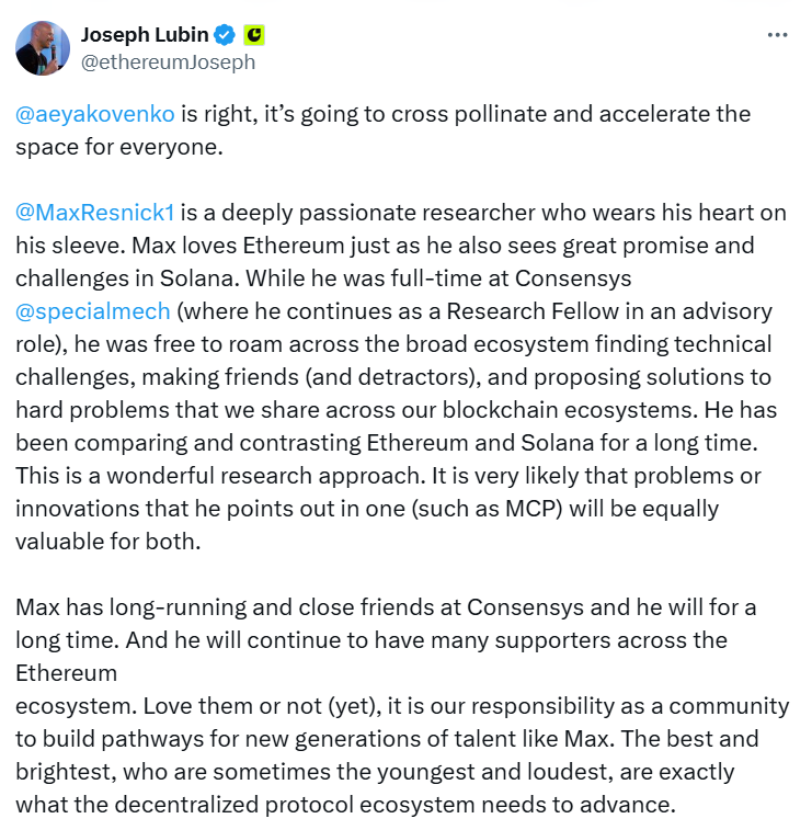 Max Resnick
Joseph Lubin
Ethereum research
Solana challenges
blockchain ecosystem
Consensys advisory role