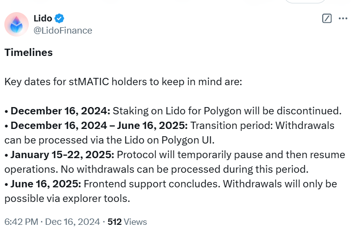 Lido Finance, Polygon sunset, stMATIC withdrawals, DeFi, key dates, transition period.