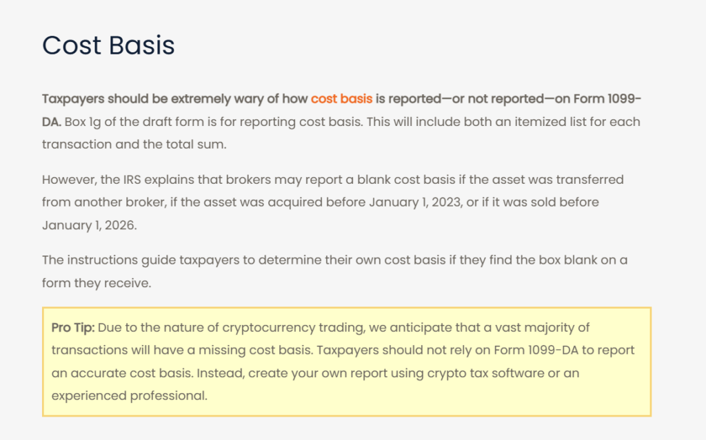 Cost Basis Reporting
Form 1099-DA
Missing Cost Basis
IRS Crypto Rules
Digital Asset Tax
Crypto Tax Compliance