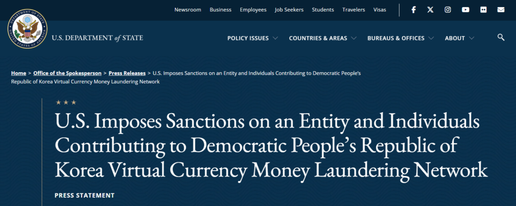 U.S. sanctions
North Korea crypto laundering
DPRK money laundering
virtual currency
OFAC sanctions
U.S. Department of State