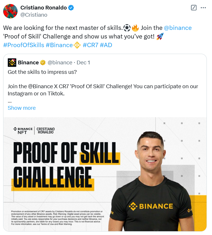 Cristiano Ronaldo Teams Up With Binance for Exciting ForeverSkills Collectibles logo