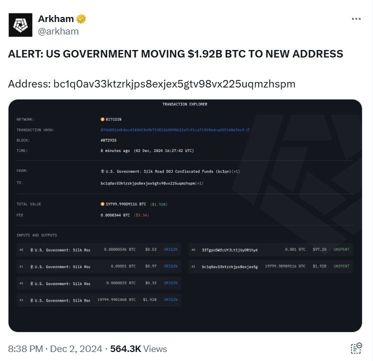 U.S. government Bitcoin transfer, Silk Road Bitcoin, $1.92B BTC, Coinbase custody, Arkham blockchain data