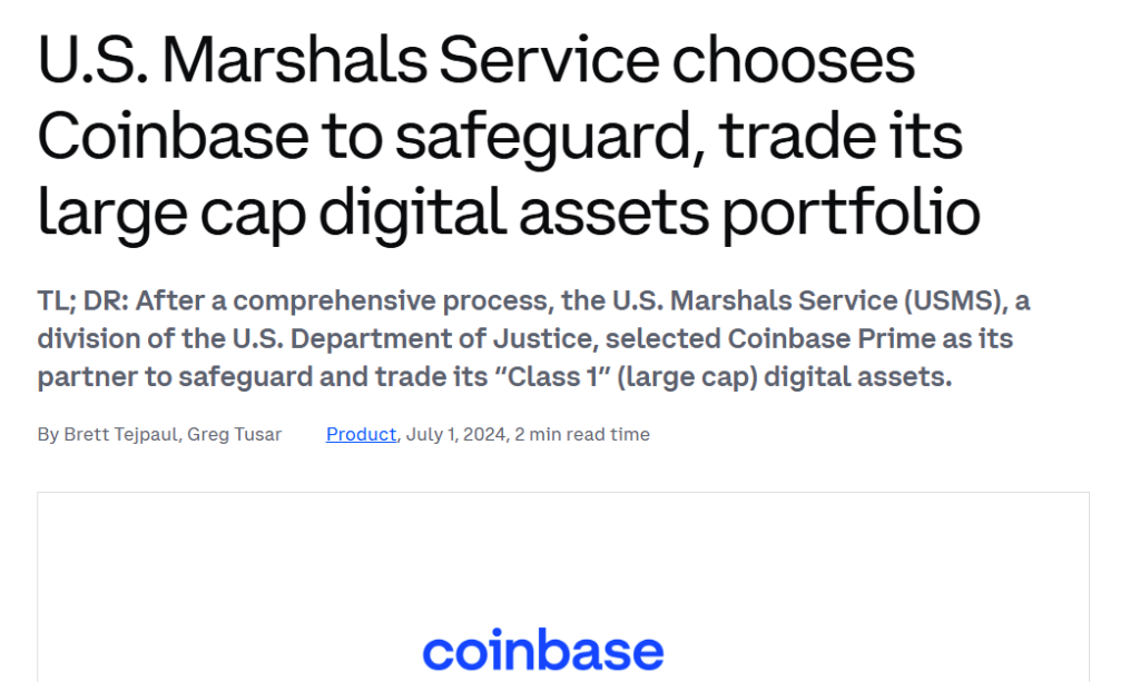 U.S. Marshals Service, Coinbase Prime, digital assets portfolio, large cap assets, DOJ, Coinbase custody






