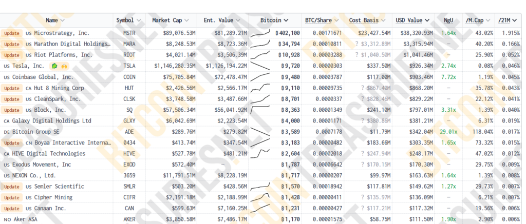 Bitcoin holdings, public companies, MicroStrategy, Tesla Bitcoin, Marathon Digital, Bitcoin market share