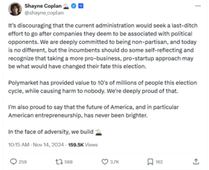 Polymarket, Shayne Coplan, Administration, Election, Entrepreneurship, Statement