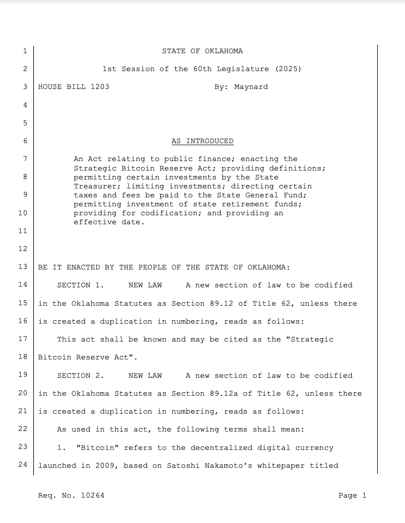 Oklahoma Bitcoin Reserve Act. Source: Maynard