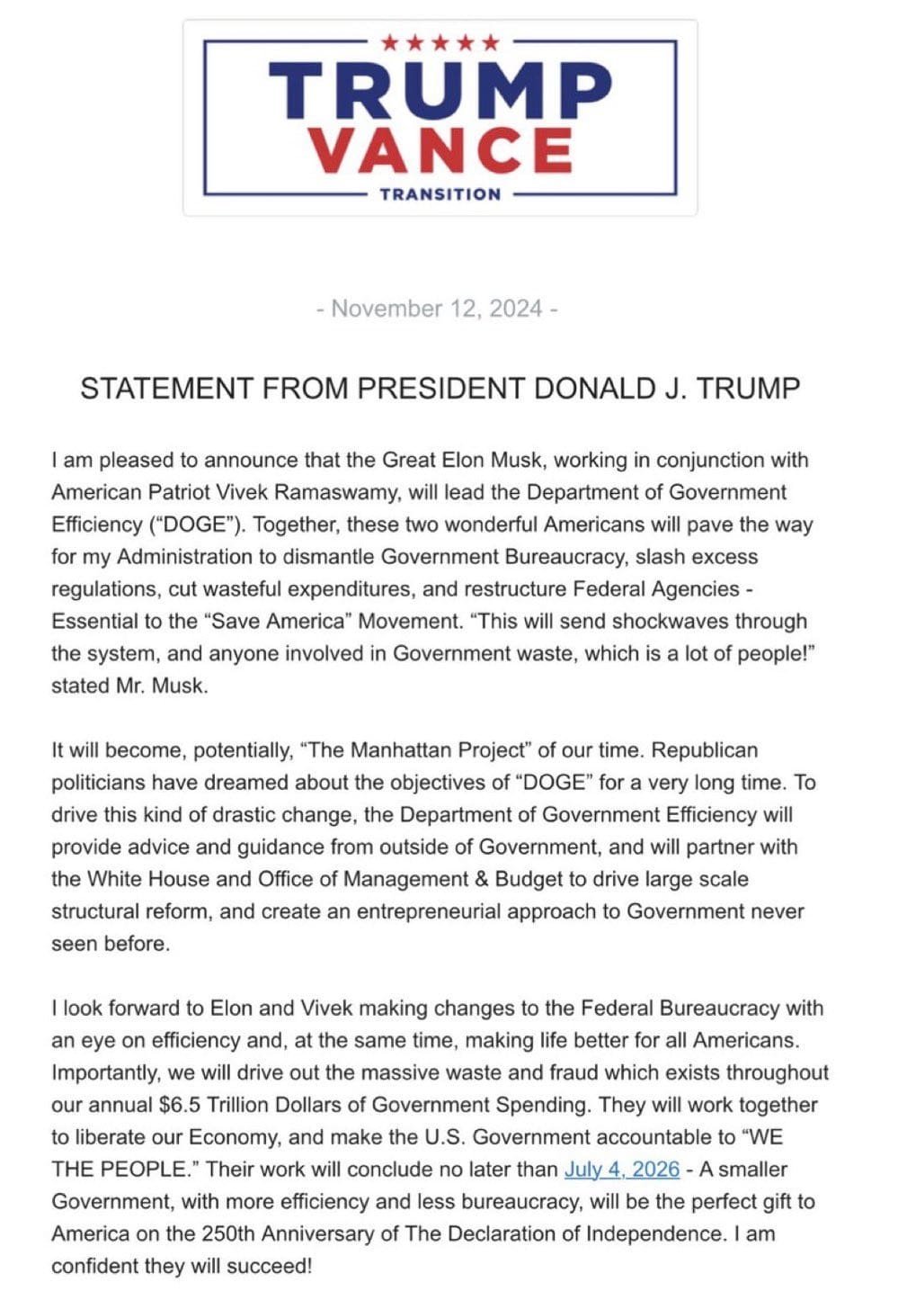 Trump Statement on DOGE. Source: Trump TransitionElon Musk’s DOGE