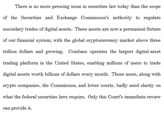 Coinbase lawyers argue that the appeals court should rule on the matter to help provide regulatory clarity for the crypto industry. Source: Bloomberg Law