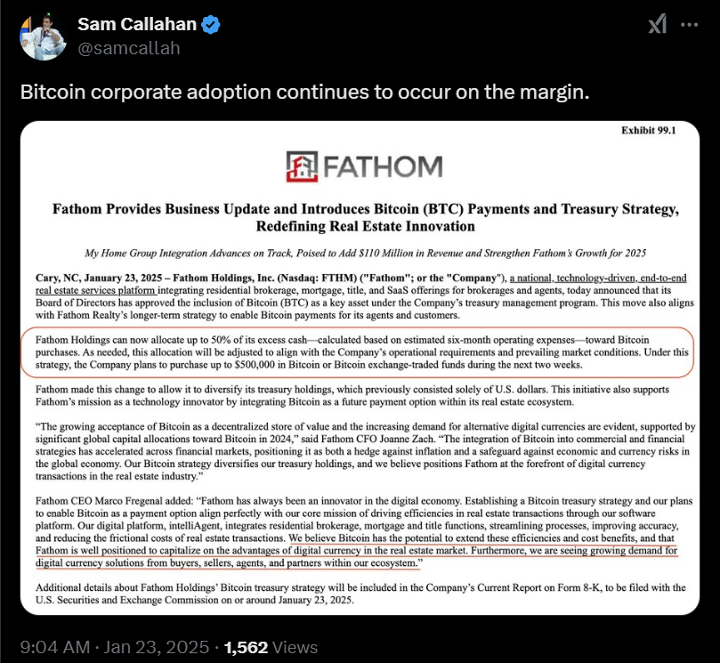 Fathom Holdings Bitcoin Treasury Strategy. Source: Sam Callahan
