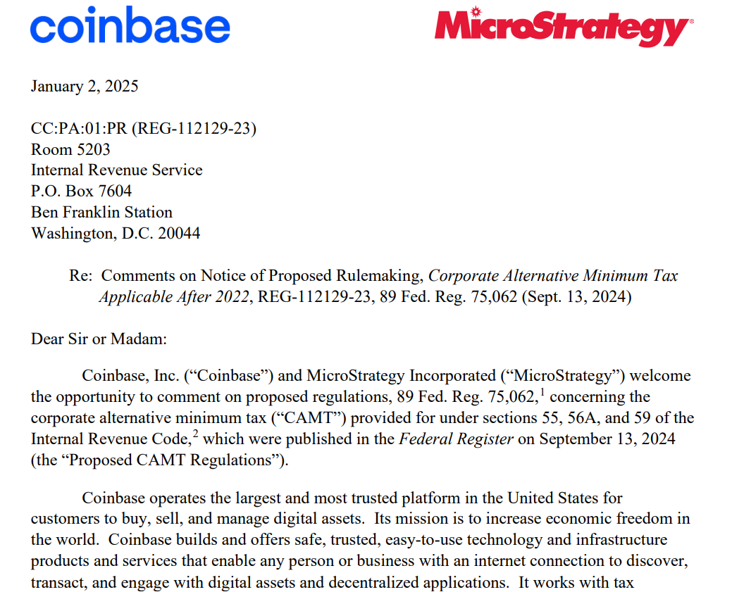 Coinbase and MicroStrategy CAMT Letter. Source: Federal Register