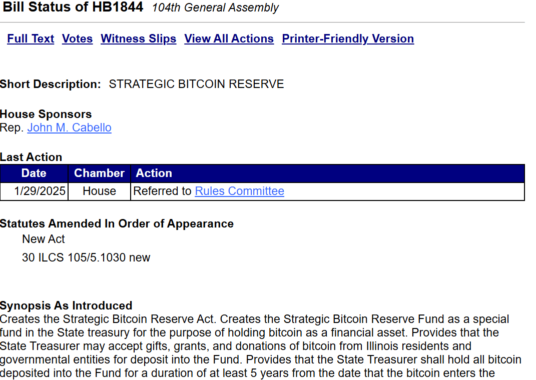 Bitcoin Holding - HB1844 Bill Status, Referred to Rules Committee. Source: Ilga.gov