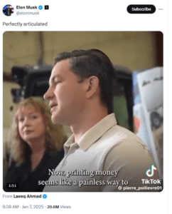 Elon MuskPierre Poilievre Inflation speech Printing money Pro-crypto leader Canadian politics
