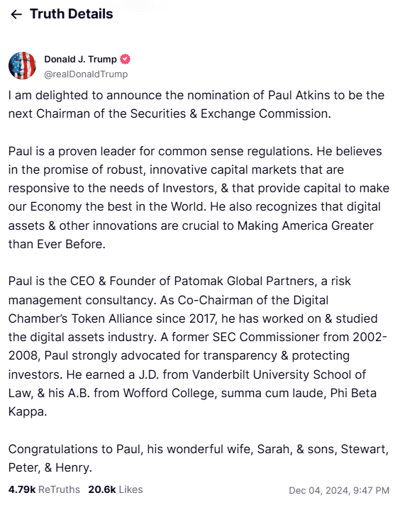 Paul AtkinsSEC chair digital assets crypto regulation Trump nomination Patomak Global Partners
