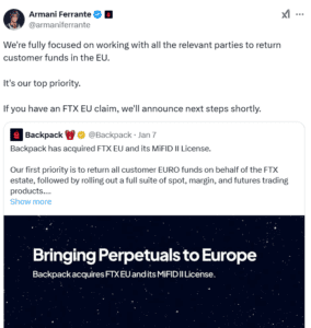 FTX EU, customer funds, Backpack EU, MiFID II License, crypto repayments, European market