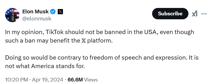 Elon Musk on TikTok Ban. Source: X