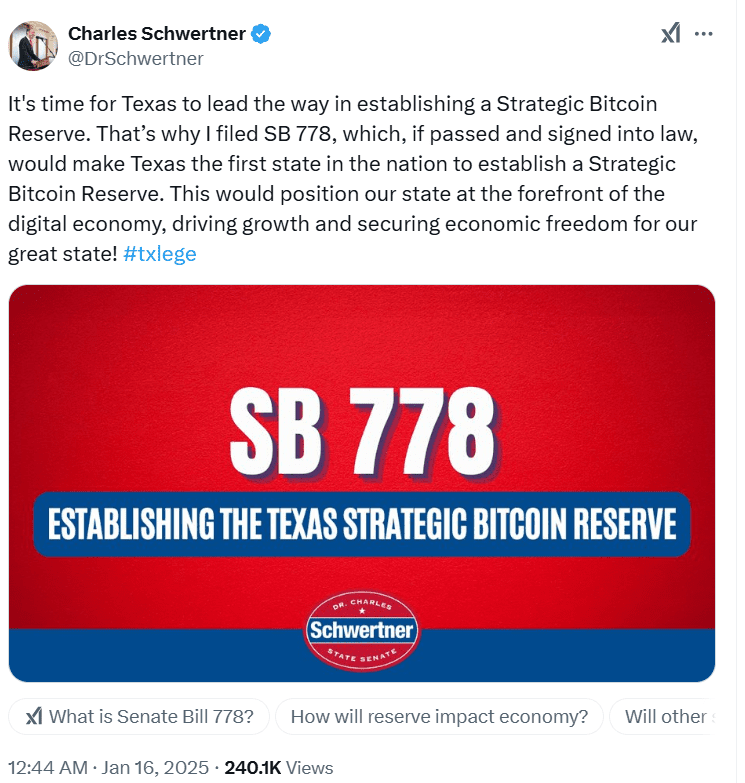 Texas SB 778 Bitcoin Reserve. Source: Charles Schwertner
