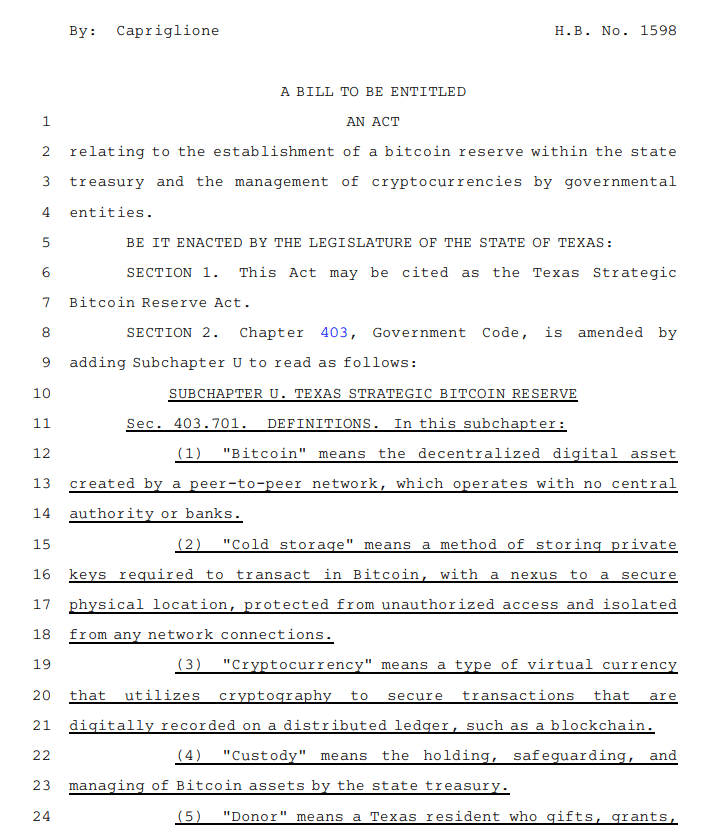 Texas Bitcoin Reserve Act. Source: Capriglione