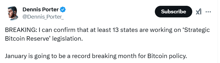 13 States Bitcoin Reserve Legislation. Source: Dennis Porter