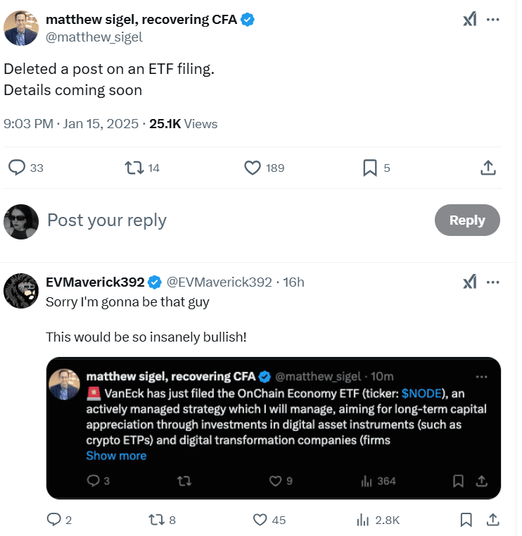 VanEck OnChain ETF Tweet. Source: Matthew Sigel