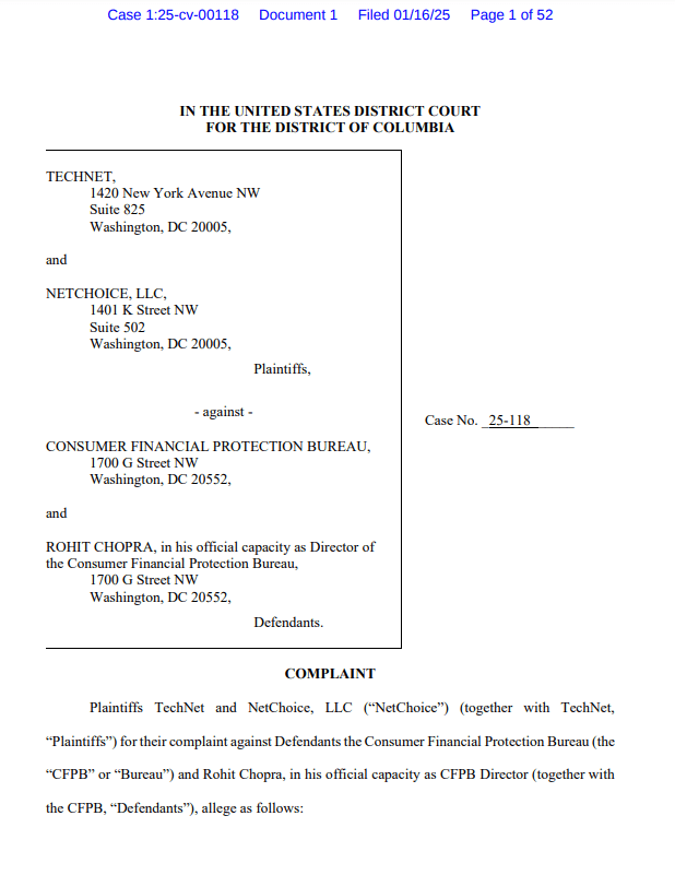 TechNet vs CFPB Filing. Source: US District Court