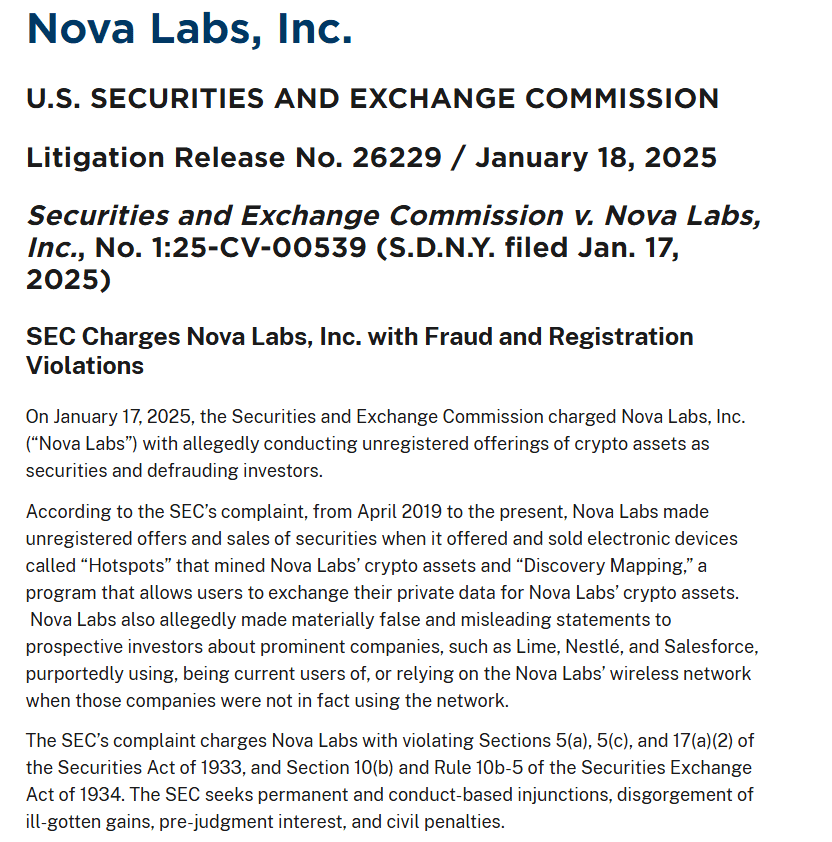 Nova Labs Fraud Allegations. Source: SEC