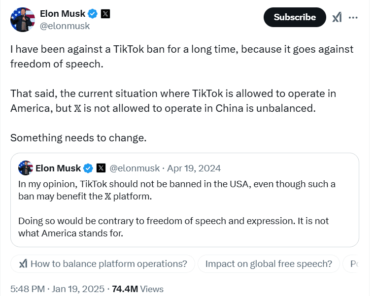 Elon Musk on TikTok Ban. Source: X