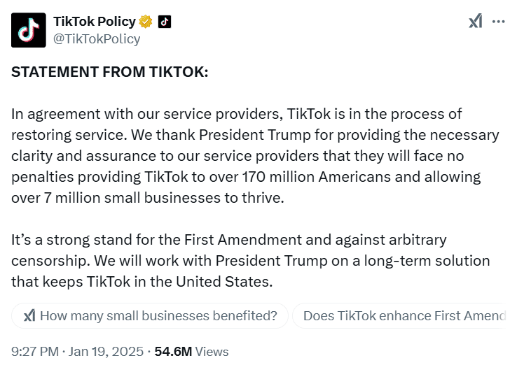 TikTok Statement on U.S. Ban Delay. Source: TikTok Policy