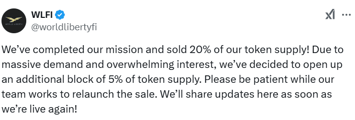 WLFI Token Update. Source: World Liberty Financial