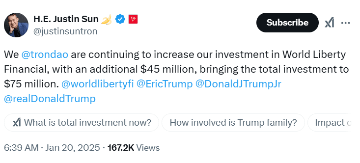 Justin Sun WLFI Investment. Source: Justin Sun