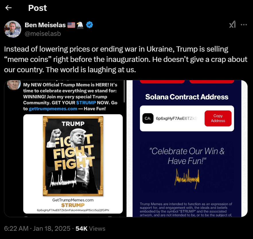 Criticism mounts as Trump pushes meme coins. Source: Ben Meiselas