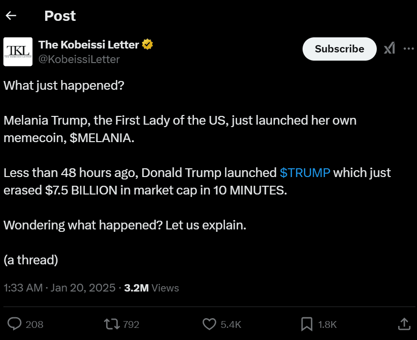 Melania’s $MELANIA launch follows $TRUMP chaos. Source: The Kobeissi Letter