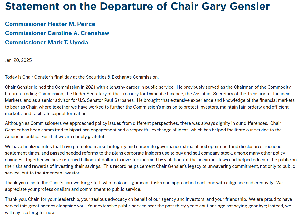 Gary Gensler Farewell Statement. Source: SEC