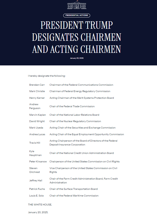 Trump's Chairmen Designations, including Mark Uyeda. Source: White House