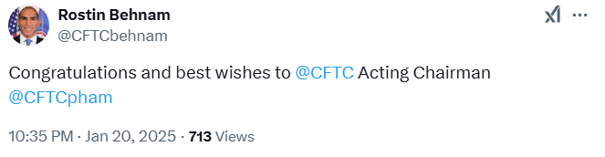 Rostin Behnam Congratulates Caroline Pham. Source: CFTC