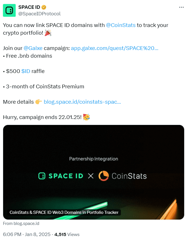 SPACE ID and CoinStats Integration. Source: SpaceIDProtocol