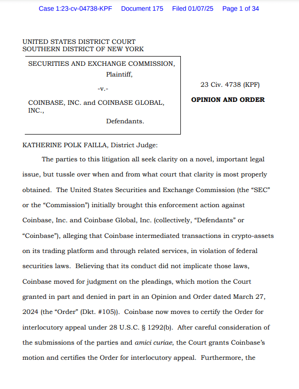 SEC vs. Coinbase Interlocutory Appeal. Source: Southern District of New York