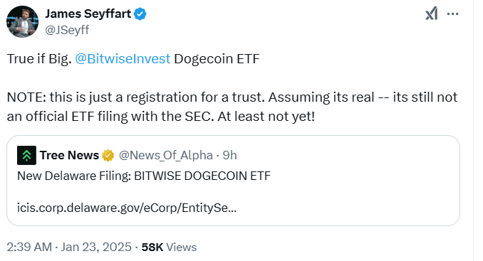 James Seyffart on Dogecoin ETF Filing. Source: James Seyffart on Dogecoin ETF Filing. Source: