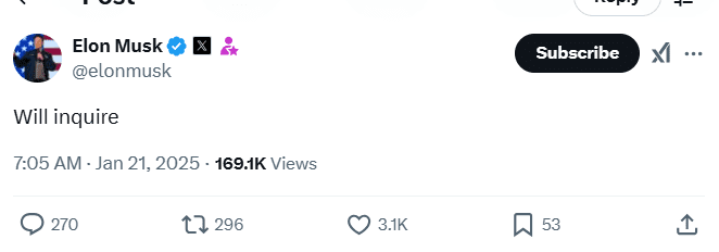 Elon Musk Pardon Tweet. Source: X