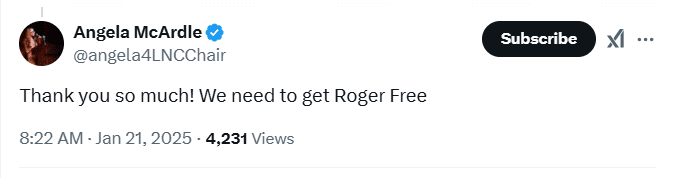 Angela McArdle Re: Roger Ver Pardon Tweet. Source: X