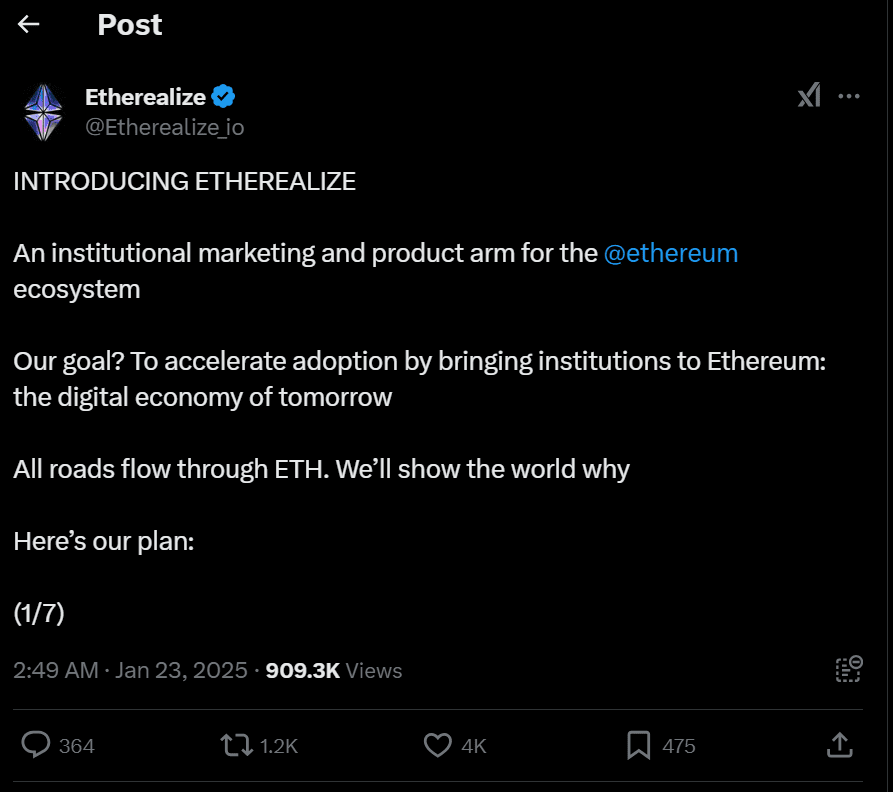 Bringing Wall Street to Ethereum: Etherealize Launches. Source: Etherealize/X