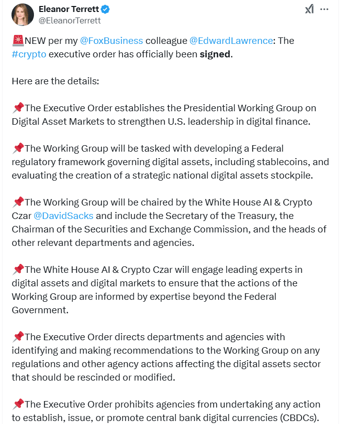 Trump Crypto Order Details. Source: Eleanor Terrett