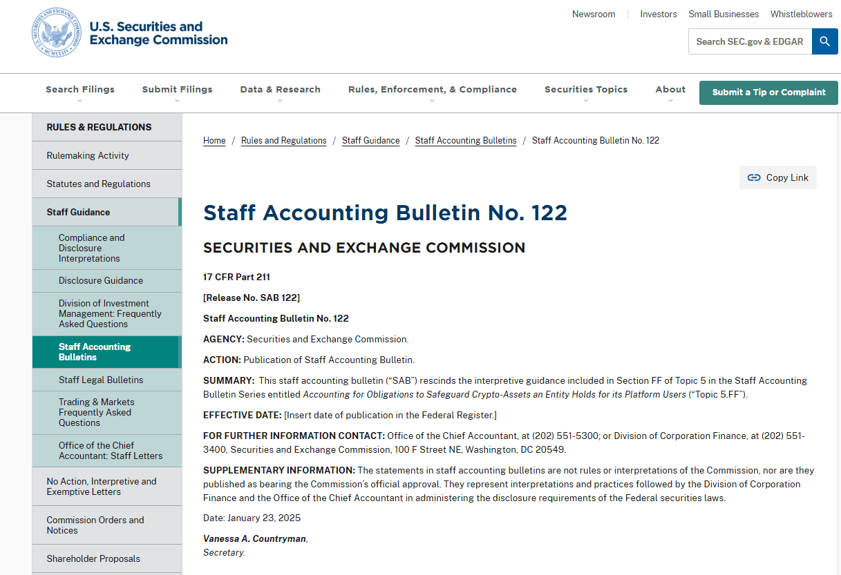 SEC Staff Accounting Bulletin 122. Source: SEC.gov