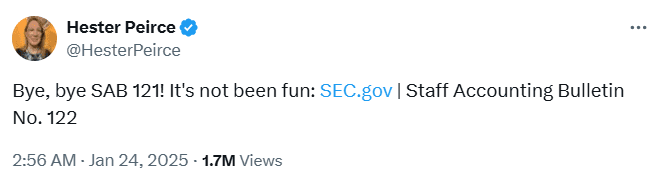 Hester Peirce on SAB 121 Repeal. Source: