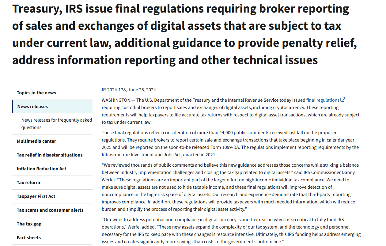 IRS Crypto Reporting Rules 2024. Source: U.S. Treasury