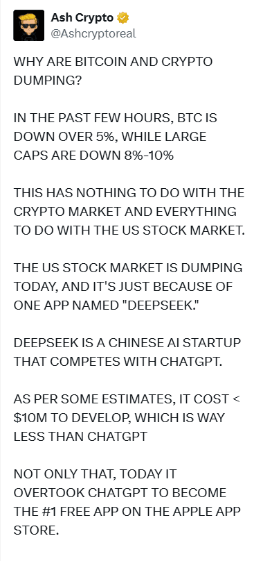 Bitcoin Drop Linked to DeepSeek. Source: Ash Crypto